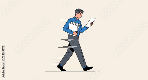 Business Man Walking Quickly with Documents, Speed, Efficiency Concept