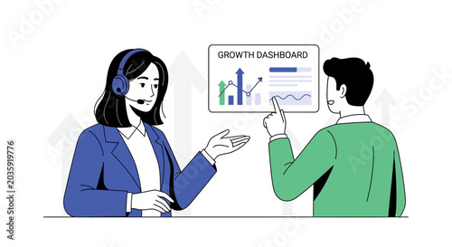 Business meeting and growth analysis with digital dashboard and charts