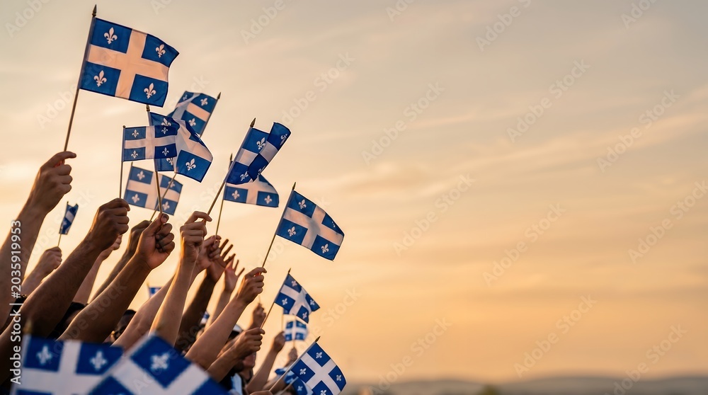 Obraz premium Group of People Holding Quebec Flags During Sunset Celebration Event