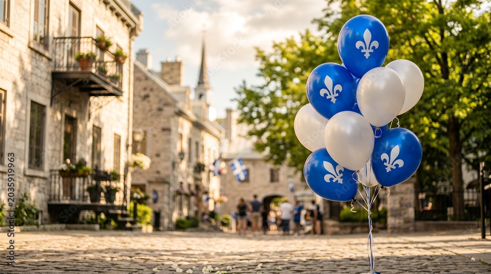 Obraz premium Blue and White Balloons with Fleur de Lis Symbol Floating in Old Town Quebec City