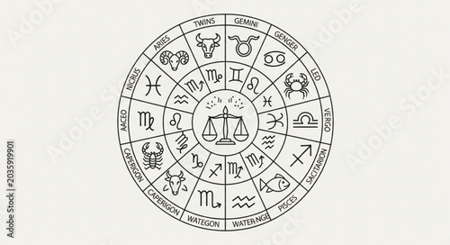 Astrology Zodiac Wheel with Symbols and Scales.