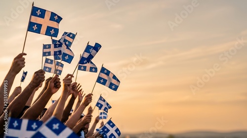 Group of People Holding Quebec Flags During Sunset Celebration Event