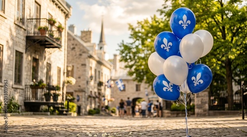 Blue and White Balloons with Fleur de Lis Symbol Floating in Old Town Quebec City