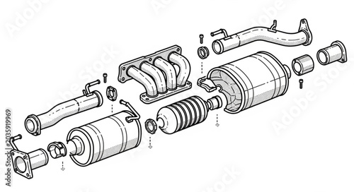 Foto Automotive Exhaust System Components Exploded View Diagram.