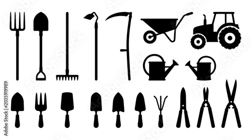 Collection of Agricultural and Gardening Tools and Equipment.