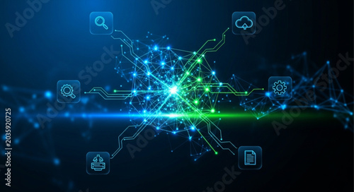 Abstract Digital Network Connection with Glowing Lights and Icons.