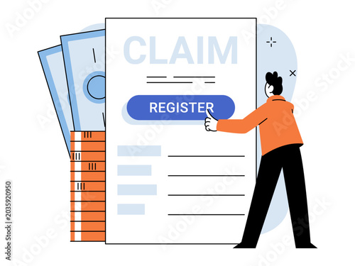 Man clicks register button on a claim form vector illustration. Insurance services, financial compensation, tax refund, online application, money management, legal process. Person pressing a signup