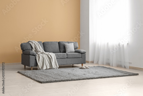 Cozy sofa with plaid and ca...