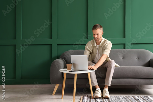 Young bearded man using laptop on table at home