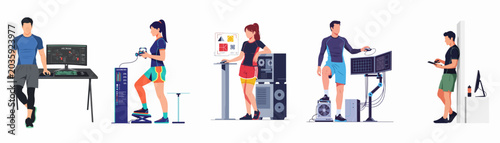 Konstfotografi Flat vector illustrations of professional gamers and athletes using advanced technology, computers, and fitness equipment for e-sports training and digital performance
