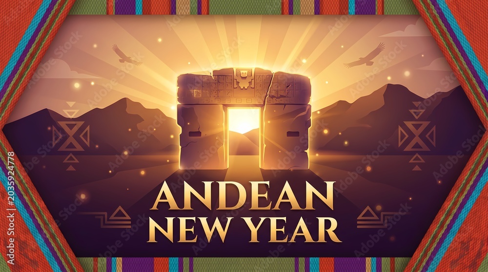 Fototapeta premium Andean new year celebration with gate of the sun illustration