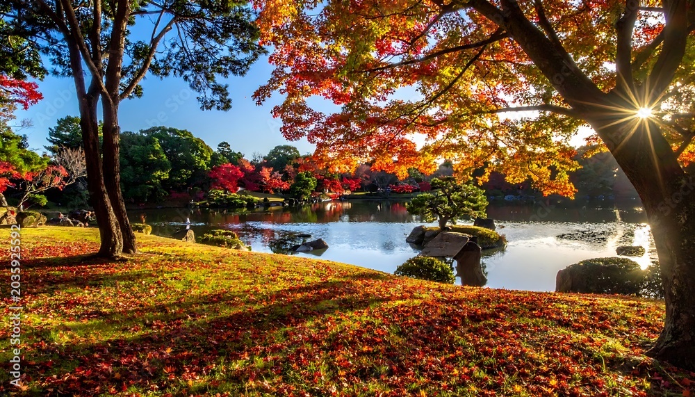 Obraz premium A serene autumnal landscape with a pond and trees
