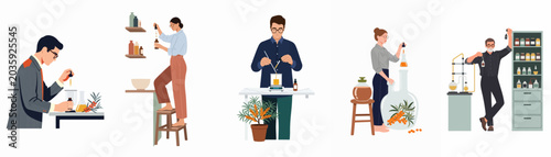 Bild auf Leinwand Collection of flat vector illustrations depicting scientists and researchers extracting sea buckthorn essence for natural remedies, skincare, and pharmaceutical applications