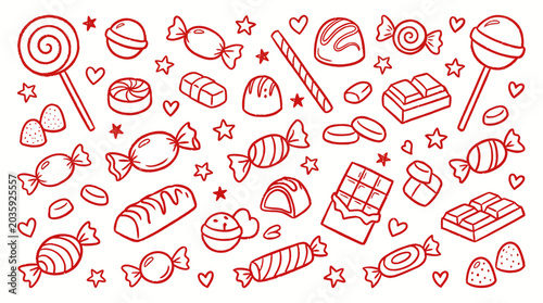Quadro su tela Hand-drawn Sweets and Candies Seamless Pattern - Red Line Art