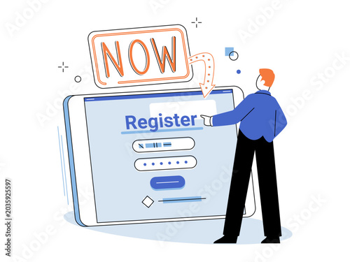 Man interacts with a registration form on a tablet vector illustration. Online signup, user interface, account creation, digital membership, web service, call to action. Person pointing at a device