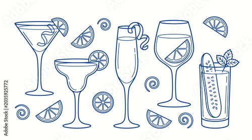 Vászonkép Collection of different cocktail glasses and garnishes, vector illustration