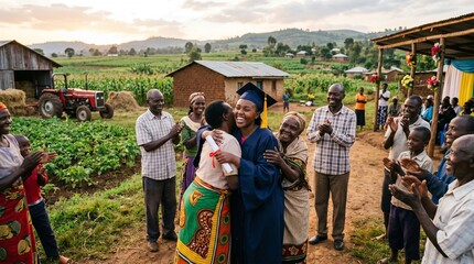 A young woman in a graduation cap and gown is embraced by her mother as family and friends cheer in a rural African village. 