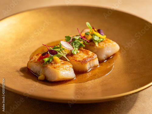 High end gourmet photography pan fried cod with seasonal vegetables