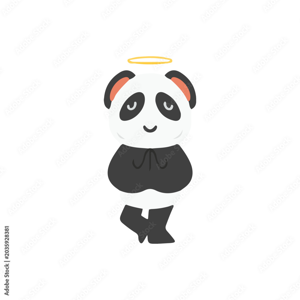 Naklejka premium Cute meditation panda with halo standing in yoga pose cartoon