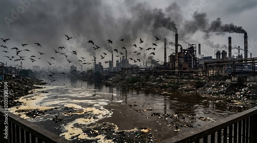 Polluted river flowing past industrial plant emitting heavy smoke in air