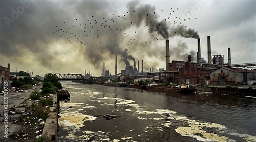 Smoke stacks over polluted river with birds flying in industrial landscape