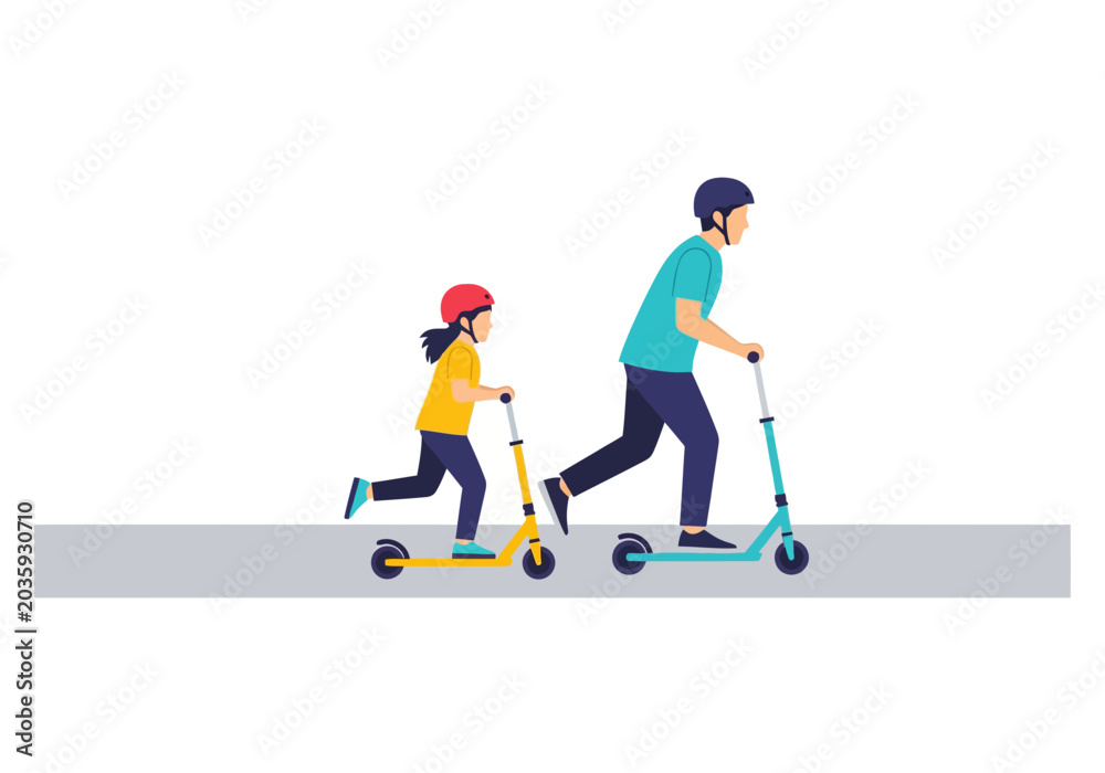 Obraz premium Father and Child Riding Scooters Together Outdoor Family Activity