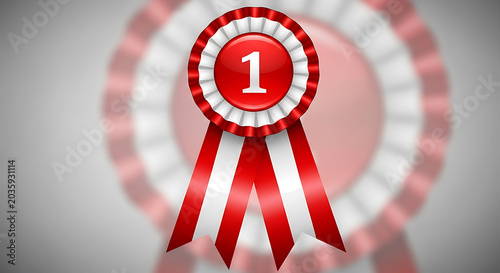 Red first place ribbon medal with number one on white background