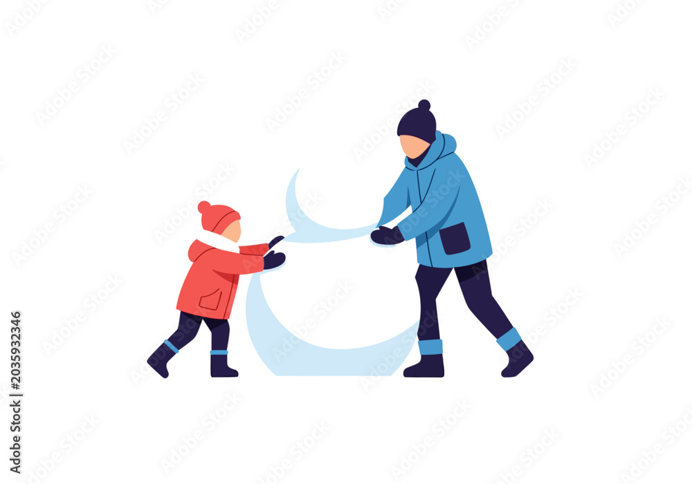 Obraz premium Child and adult building snowman outdoors in winter