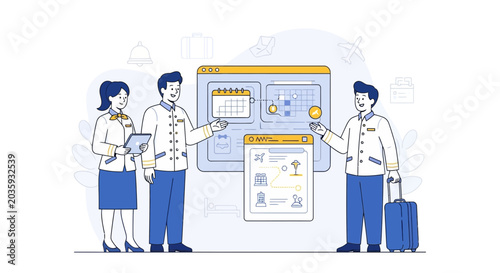 Hotel staff planning travel routes and schedules on digital display