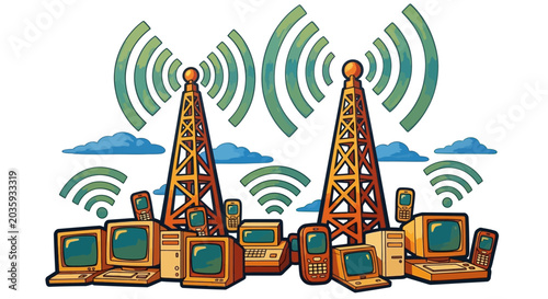 Telecommunication Towers and Computer Network Infrastructure Illustration