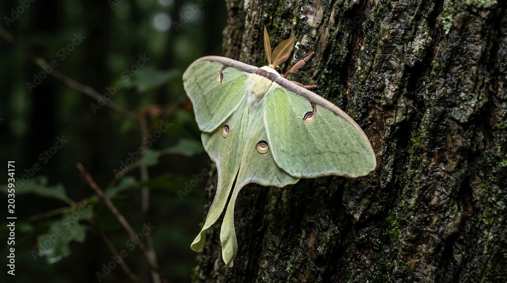 Fototapeta premium Beautiful Luna Moth with Long Tails Resting on Dark Tree Bark in Forest