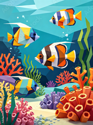 Low polygon origami style tropical underwater world