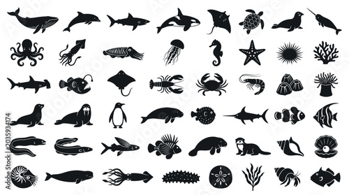 Large collection of black marine life silhouettes including whales sharks and fish