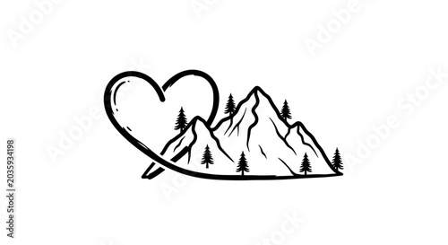Heart shape overlapping a mountain range and forest silhouette.