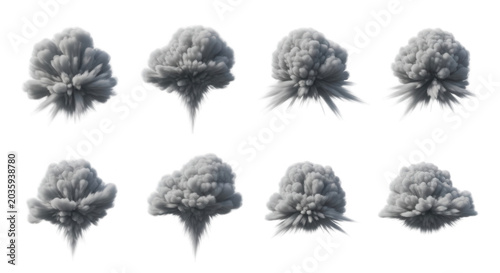 digitally created smoke explosions in sets on a white background useful for visual effects or design elements