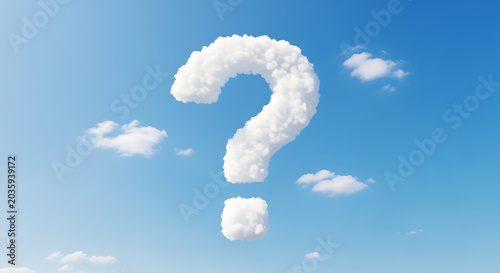 Large question mark cloud in bright blue sky with fluffy clouds