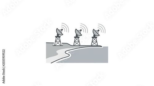 Bild auf Leinwand Satellite Dishes Array on Towers, Communication Network, Signal Transmission