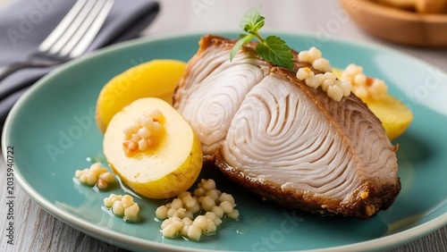 Grilled fish steak with boiled potatoes and giant couscous