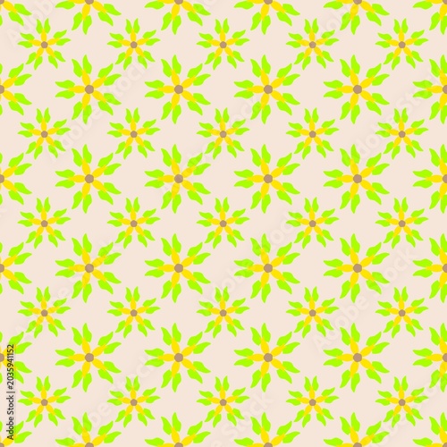 A repeating pattern of stylized yellow and green flowers on a pale pink background.