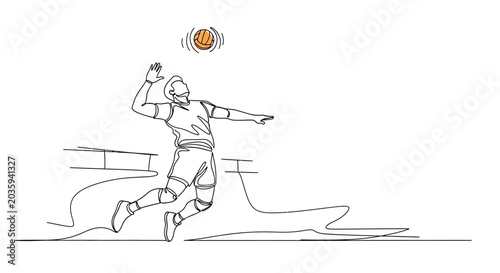 Continuous Line Drawing of Volleyball Player Spiking Ball