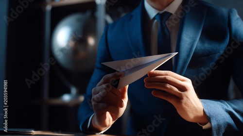 Businessman holding paper airplane concept.