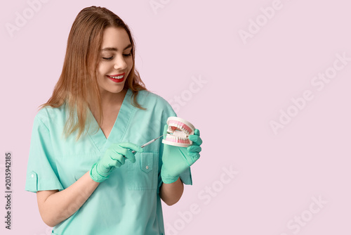 Female dentist with jaw model and dental tool on pink background. World Denti...