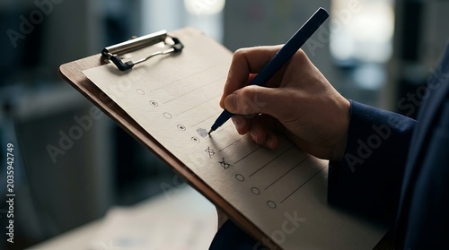 Person checking off tasks on a clipboard list in an office