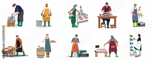 Foto Vector illustration set of fishermen and fishmongers selling and preparing various types of fresh seafood at a market, including fish, crabs, and shrimp