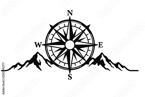 Foto Compass Rose and Mountain Range Silhouette - Outdoor Adventure Vector Design
