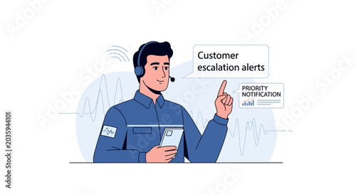 Customer service agent with headphone, smartphone, and alert notification