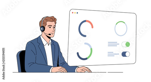 Customer service agent with headset analyzes dashboard data on computer screen