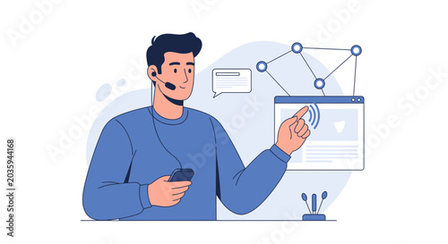Customer service agent with headset and smartphone, interacting with digital interface
