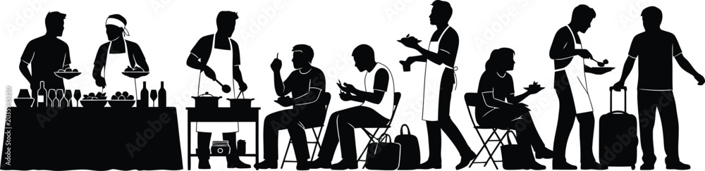 Fototapeta premium Catering Service Buffet Table and People Eating Food Silhouettes Set