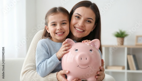 Mother and Daughter with Piggy Bank: A loving mother and her adorable daughter share a heartwarming moment, embracing a cheerful pink piggy bank.